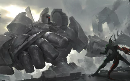 HD anime-style Yu-Gi-Oh! desktop wallpaper featuring a colossal robotic figure clashing with a smaller armored character in a dramatic, stormy environment.