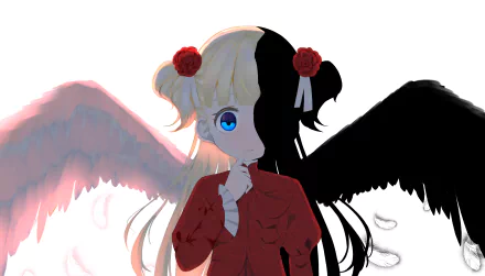 Emilico from Shadows House is depicted in 4K Ultra HD anime style, showing a split character with one angelic white wing and one dark black wing, highlighting duality.