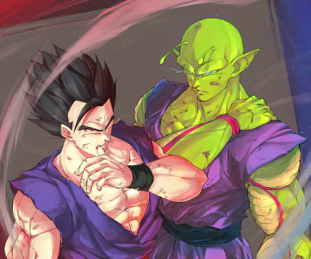 HD PC wallpaper of Piccolo and Gohan (Dragon Ball) in an anime Dragon Ball Super: Super Hero scene — Piccolo stands protectively as a wounded Gohan clutches his chest.