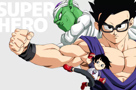 Anime HD PC desktop wallpaper from Dragon Ball Super: Super Hero — Gohan with glasses, Piccolo behind him and Pan in a fighting pose on a pale background.