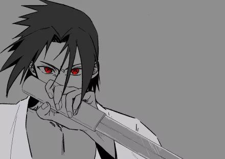 Sasuke Uchiha (Naruto) anime 2K Quad HD PC wallpaper: close-up with glowing red Sharingan eyes, hand on sword against a gray monochrome background.