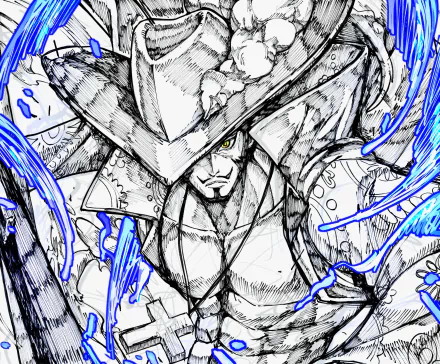Dracule Mihawk from One Piece in a dynamic black-and-white sketch with electric blue accents, intense gaze and wide-brimmed hat — 2K Quad HD PC desktop wallpaper/background (anime).