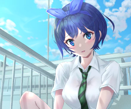 HD PC desktop wallpaper featuring Ruka Sarashina from the anime Rent-A-Girlfriend, depicted with blue hair, a school uniform, and a bright outdoor background.