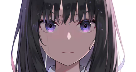 Close-up HD anime desktop wallpaper of Takina Inoue from Lycoris Recoil, featuring her intense purple eyes and detailed dark hair.