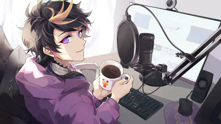 2K Quad HD PC desktop wallpaper of Luxiem's Shu Yamino, anime-style Virtual YouTuber sipping coffee at a streaming setup with microphone, monitor and keyboard.