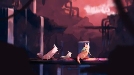 HD PC desktop wallpaper featuring a scene from the video game Rain World, depicting stylized creatures perched on a platform against an industrial, moody red backdrop.