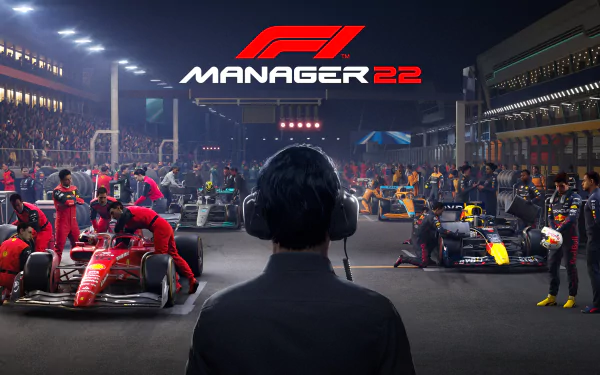 HD wallpaper of F1 Manager 2022 video game with a scene of a virtual team manager overlooking a bustling Formula 1 pit lane at night, highlighting the immersive racing strategy experience.