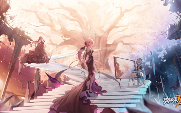 HD PC desktop wallpaper featuring characters from the video game Honkai Impact 3rd against a fantastical, ethereal backdrop with a glowing tree and floating staircases.