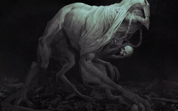 A dark and eerie HD desktop wallpaper from the video game King Arthur: Knight's Tale, featuring a monstrous creature wrapped in tattered cloth, exuding an ominous presence.