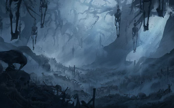 A dark, eerie landscape featuring twisted trees and hanging remains, inspired by King Arthur: Knight's Tale, serves as an atmospheric HD desktop wallpaper.