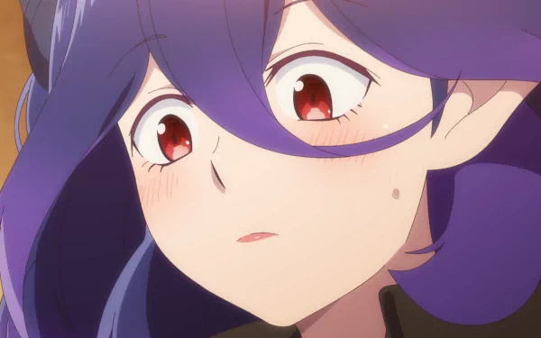Close-up of Vermeil from Kinsou no Vermeil anime with purple hair and red eyes, depicted in a high-definition PC desktop wallpaper background.