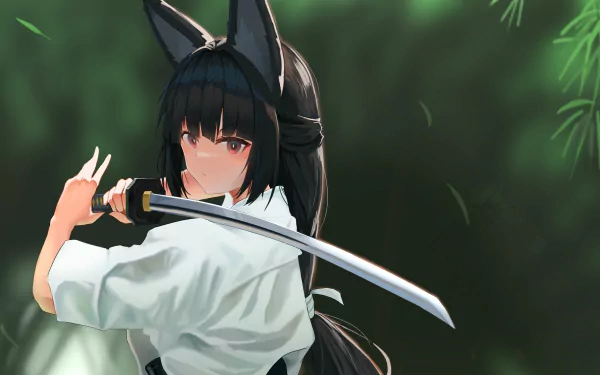 HD PC desktop wallpaper featuring Miyabi from the video game Zenless Zone Zero, poised with a drawn katana against a blurred green background.