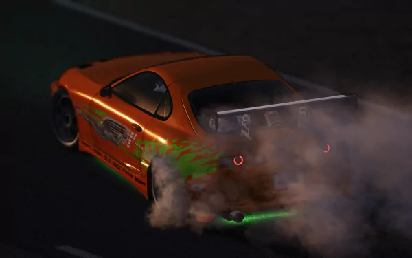 HD PC desktop wallpaper/background — orange Toyota Supra drifting at night in Assetto Corsa, smoke and green underglow lighting the track.