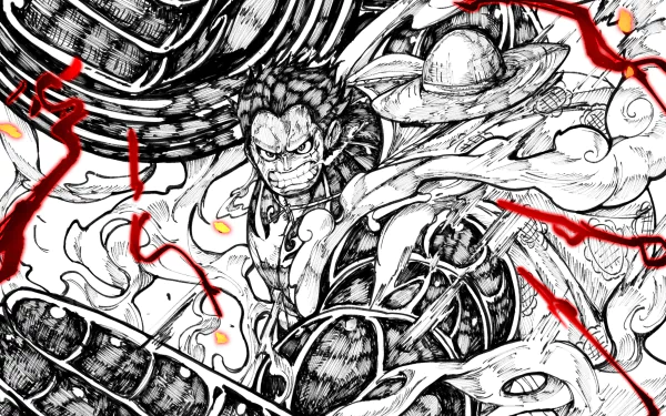 HD PC desktop wallpaper featuring Monkey D. Luffy in Gear Fourth form from the anime One Piece, showcasing dynamic black-and-white art with red lightning accents.