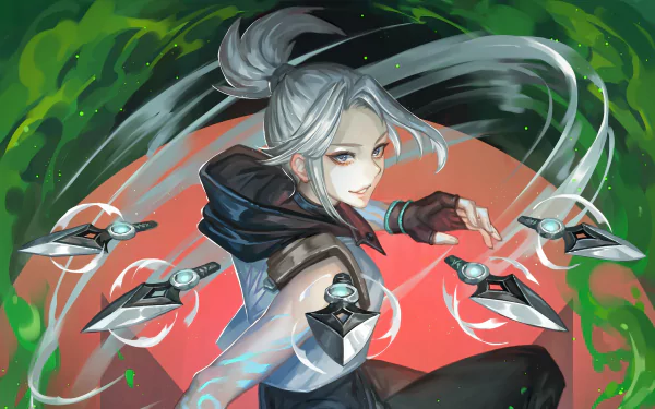 HD PC desktop wallpaper featuring Jett from the video game Valorant, showcasing her dynamic pose with signature throwing knives against a vibrant background.