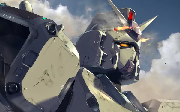 Anime Gundam 5K Ultra HD PC desktop wallpaper and background: close-up of a battle-worn white mobile suit head and shoulders, glowing eyes and V-fin against a dramatic cloudy sky.