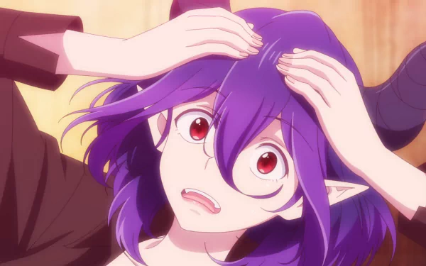 HD PC desktop wallpaper featuring Vermeil from the anime Kinsou no Vermeil, showcasing her purple hair and wide-eyed expression in vibrant colors.