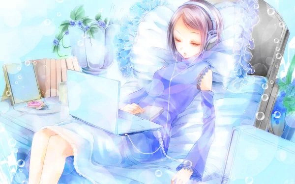 Anime-inspired HD wallpaper featuring a girl in headphones, immersed in her laptop, surrounded by a serene blue atmosphere with soft pillows and floral decor.