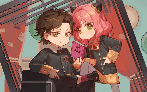 HD PC desktop wallpaper: Damian Desmond and Anya Forger from Spy x Family, anime-style in school uniforms; Anya holds a pink 'Spy Diary' as they sit together.