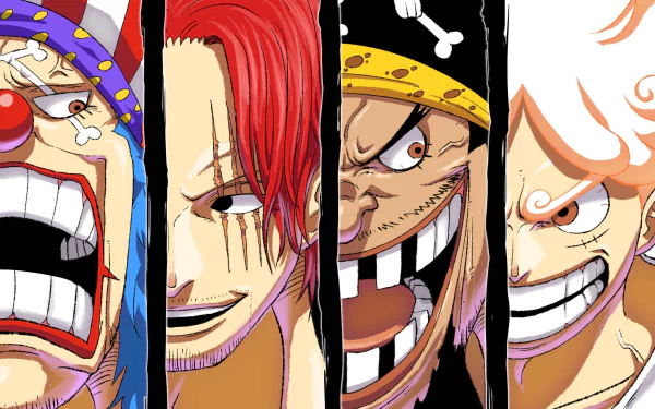 HD anime desktop wallpaper featuring close-up portraits of One Piece characters Gear 5 Luffy, Monkey D. Luffy, Marshall D. Teach, Shanks, and Buggy.