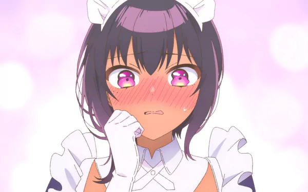 Anime HD wallpaper featuring Lilith, a blushing maid character from My Recently Hired Maid Is Suspicious, set against a soft pink background.