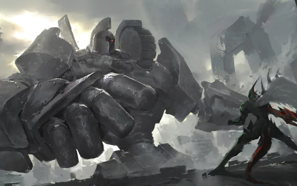 HD anime-style Yu-Gi-Oh! desktop wallpaper featuring a colossal robotic figure clashing with a smaller armored character in a dramatic, stormy environment.