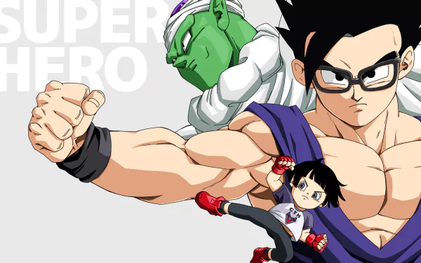 Anime HD PC desktop wallpaper from Dragon Ball Super: Super Hero — Gohan with glasses, Piccolo behind him and Pan in a fighting pose on a pale background.