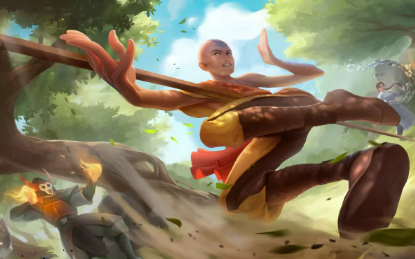 Anime HD PC desktop wallpaper/background of Aang from Avatar: The Last Airbender, leaping with his staff through sunlit trees as leaves swirl around him.