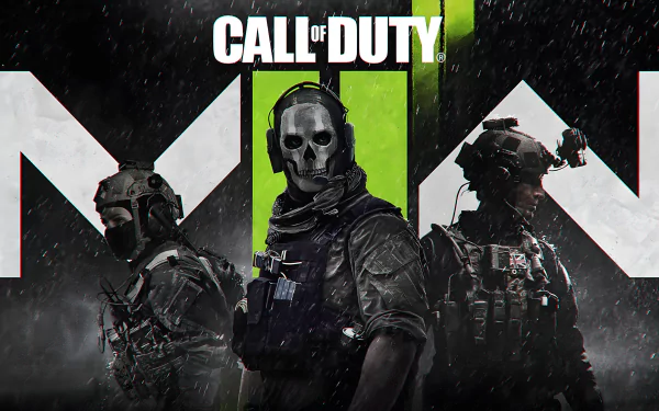 4K Ultra HD PC desktop wallpaper for Call of Duty: Modern Warfare II — three soldiers in tactical gear, center wearing a skull mask, set against a green II logo and dark background.