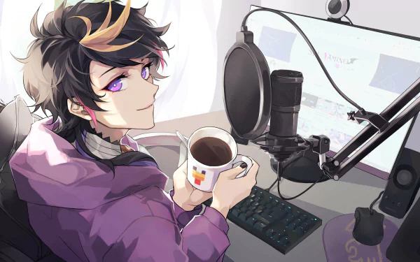 2K Quad HD PC desktop wallpaper of Luxiem's Shu Yamino, anime-style Virtual YouTuber sipping coffee at a streaming setup with microphone, monitor and keyboard.