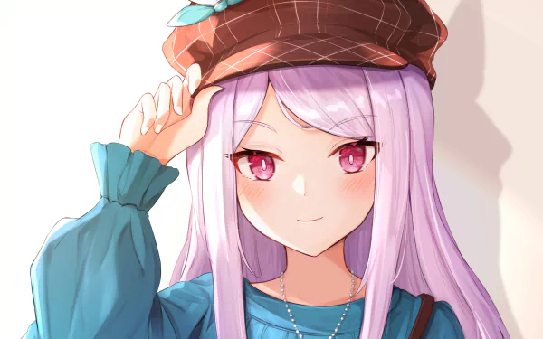 HD PC desktop wallpaper of Mejiro McQueen (Uma Musume: Pretty Derby): close-up of a smiling girl with long lavender hair, pink eyes, a brown checked beret and teal jacket on a light background.