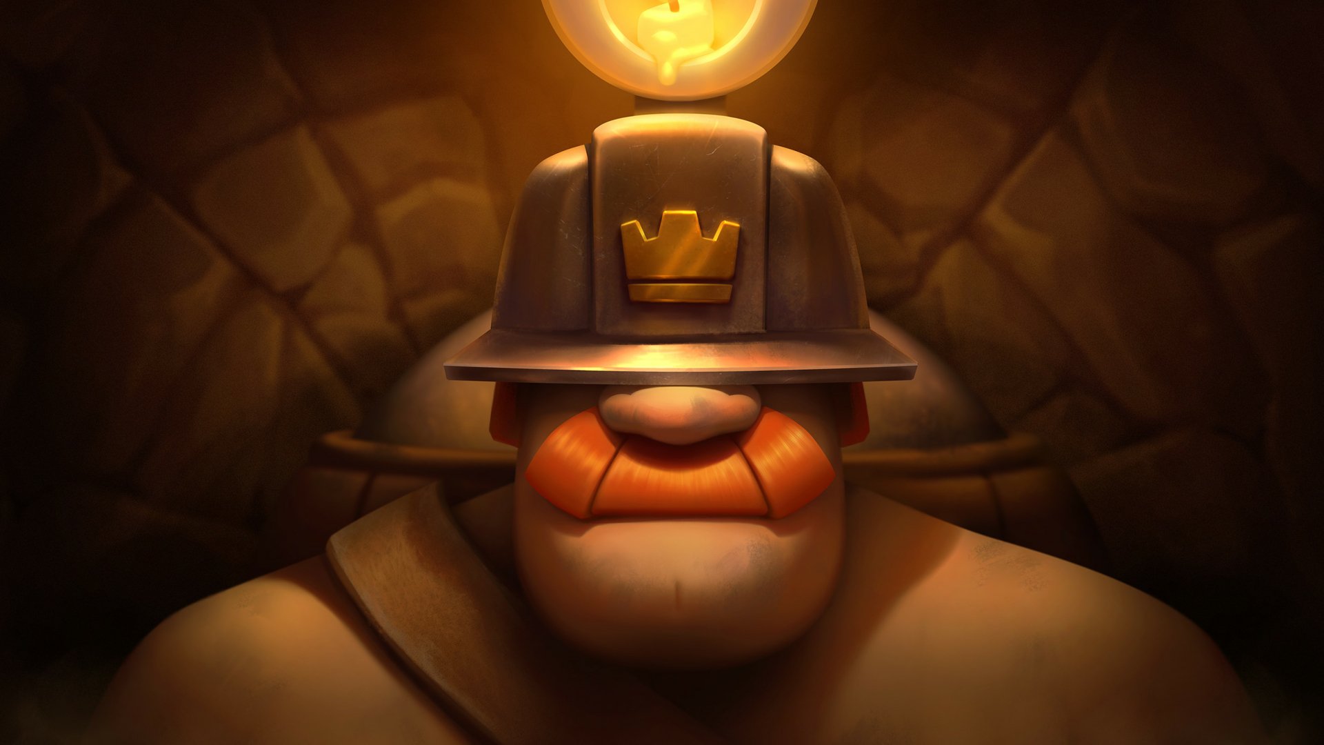 Video game Clash Royale HD PC wallpaper: burly mustached miner in a crown-emblazoned helmet, bathed in warm light against a rugged stone wall background.