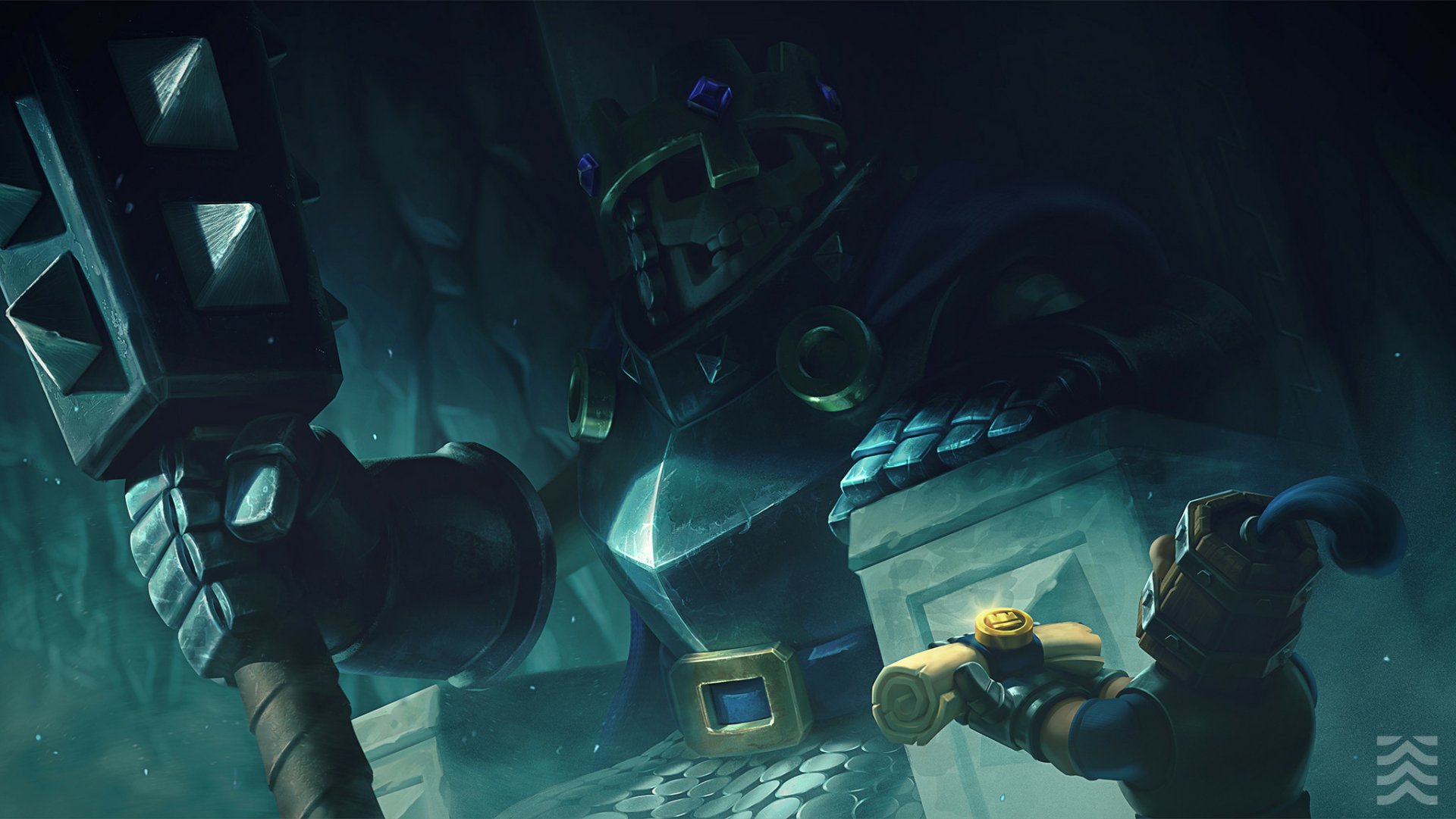 Clash Royale video game HD PC desktop wallpaper: a towering armored warrior grips a massive hammer in a dark, icy cavern, lit by dramatic teal highlights.