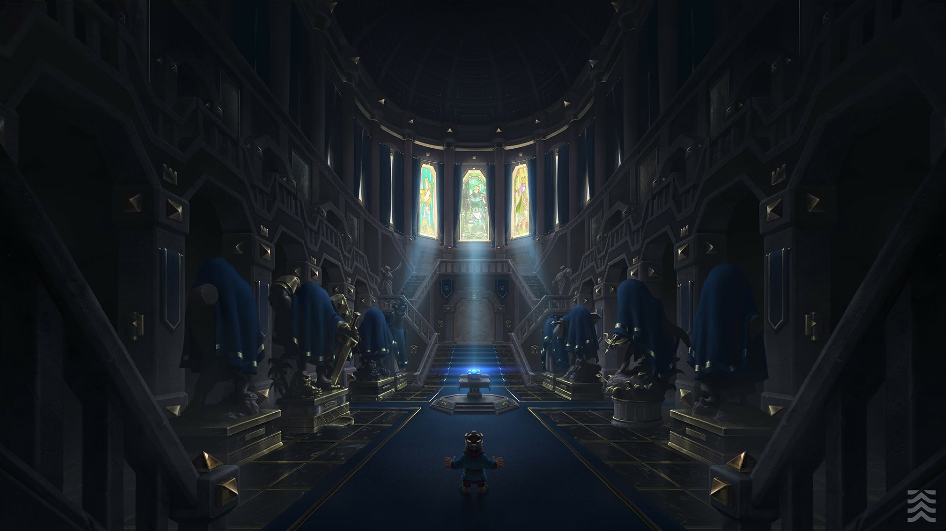 Clash Royale HD PC desktop wallpaper: a dim, majestic castle hall with stained-glass windows and beams of light, rows of armored statues along the aisles and a lone small figure centered.
