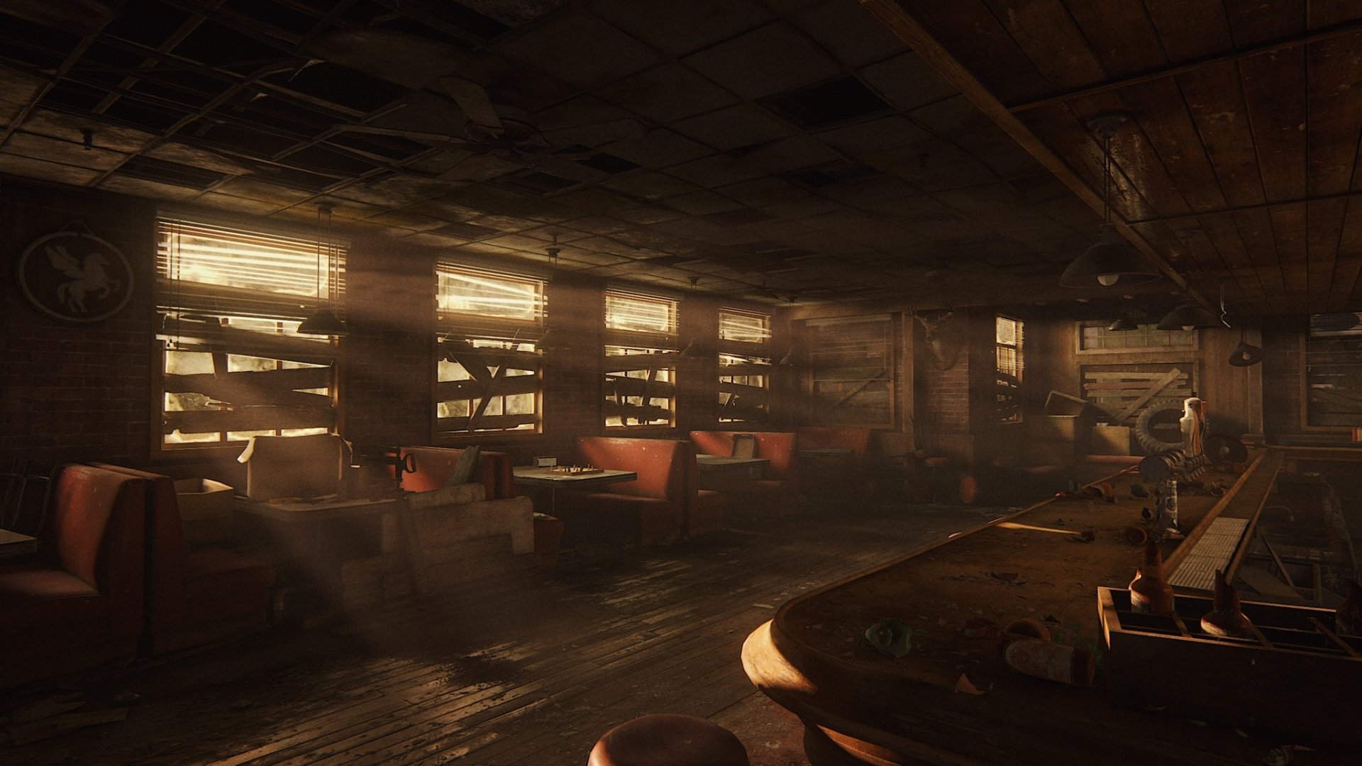 HD PC desktop wallpaper background of The Last Of Us Part I video game: sunlit, dusty abandoned diner with boarded windows and empty booths in a post-apocalyptic setting.