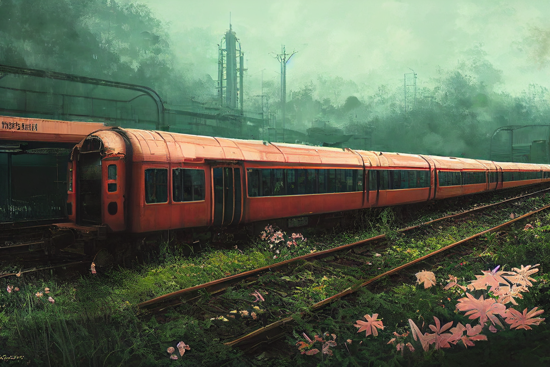 AI art concept: a red passenger train on overgrown rails cutting through a misty industrial forest with pink flowers in foreground — HD PC desktop wallpaper/background.