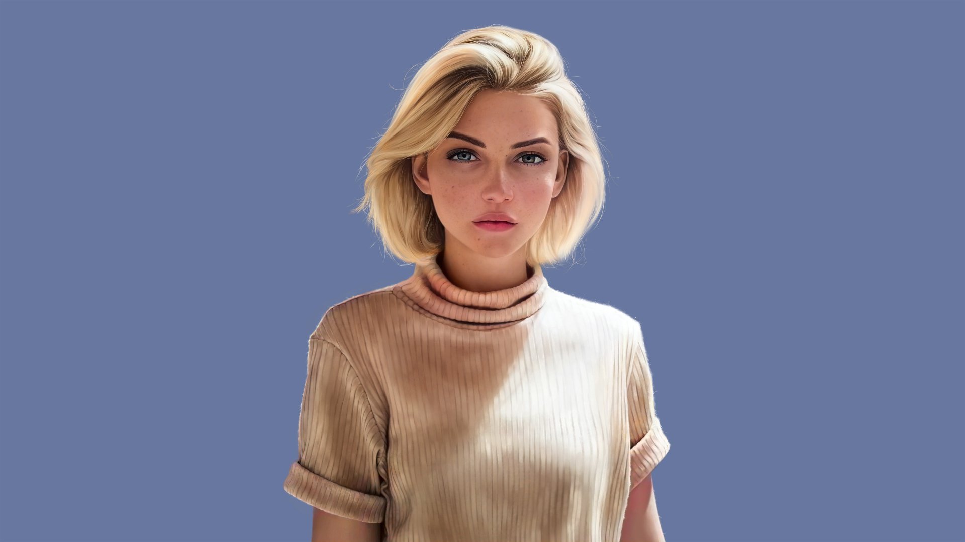 Artistic 4K Ultra HD PC desktop wallpaper: portrait of a blonde woman in a shimmering beige top against a plain blue background.