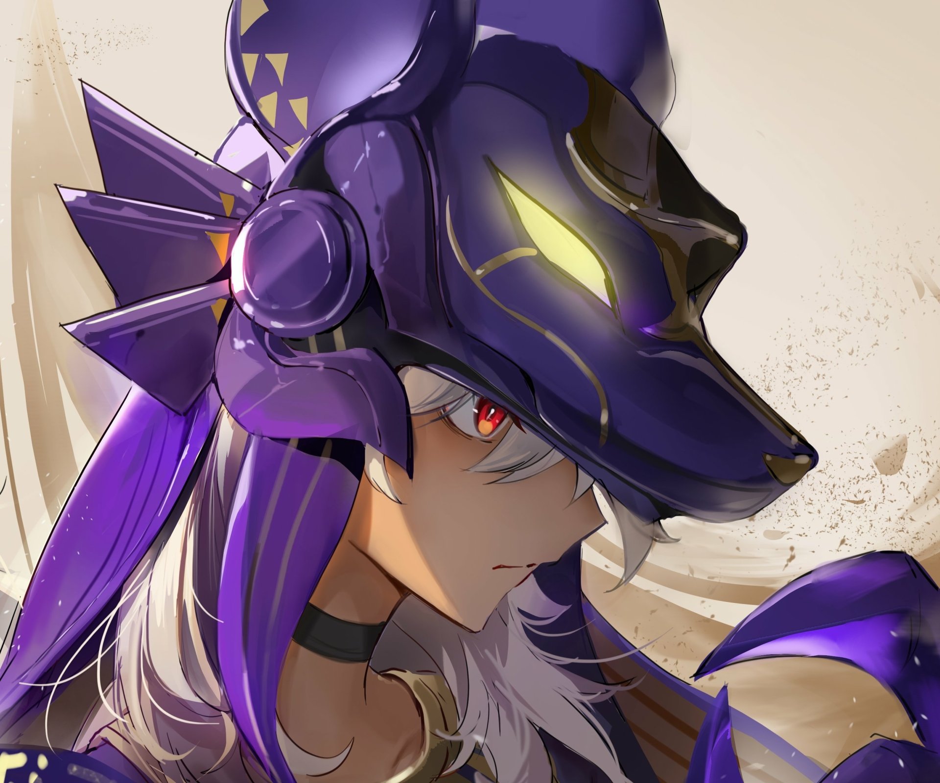 Cyno (Genshin Impact) in a purple wolf-like helm with white hair and red eyes, close-up artwork — 2K Quad HD PC desktop wallpaper/background, video game art.