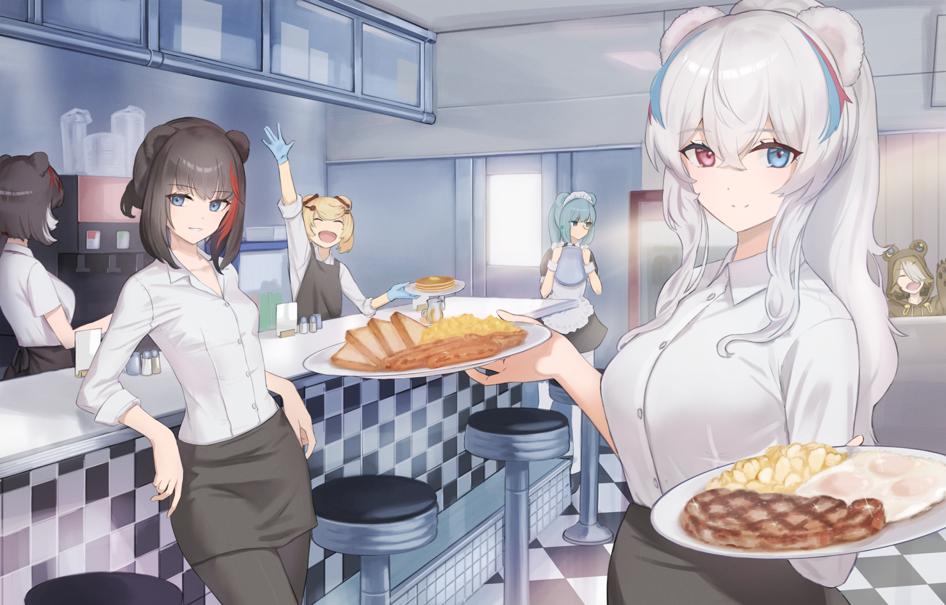 Arknights HD PC desktop wallpaper/background — anime diner scene: white‑haired operator in foreground holding plates, other operators behind a checkered counter with stools.