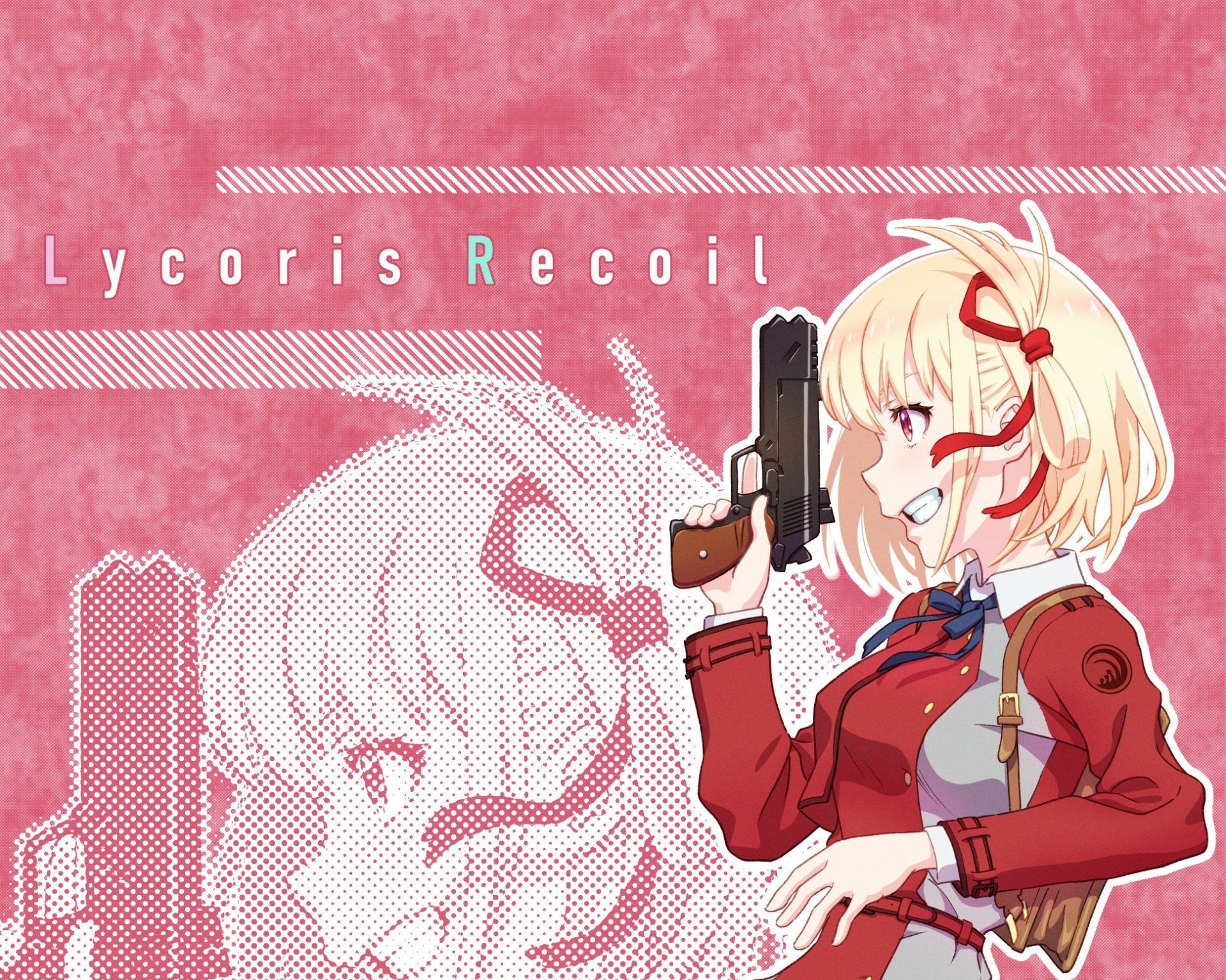 HD anime desktop wallpaper featuring Chisato Nishikigi from Lycoris Recoil, holding a gun with a determined expression against a pink, stylized background.