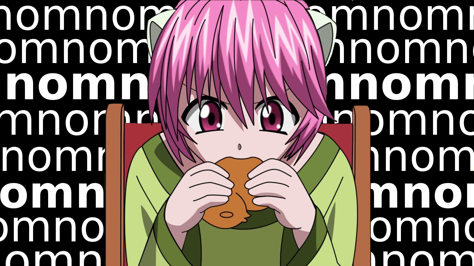 HD PC desktop wallpaper featuring Nana from the anime Elfen Lied, showing her with pink hair and cat ears eating a snack against a black background with repeating white text.