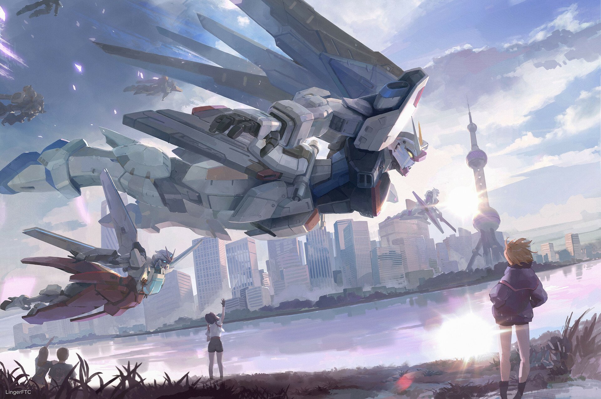 HD anime-style Gundam scene with a large mobile suit flying over a city skyline, accompanied by characters observing from the riverside, captured in vibrant colors.