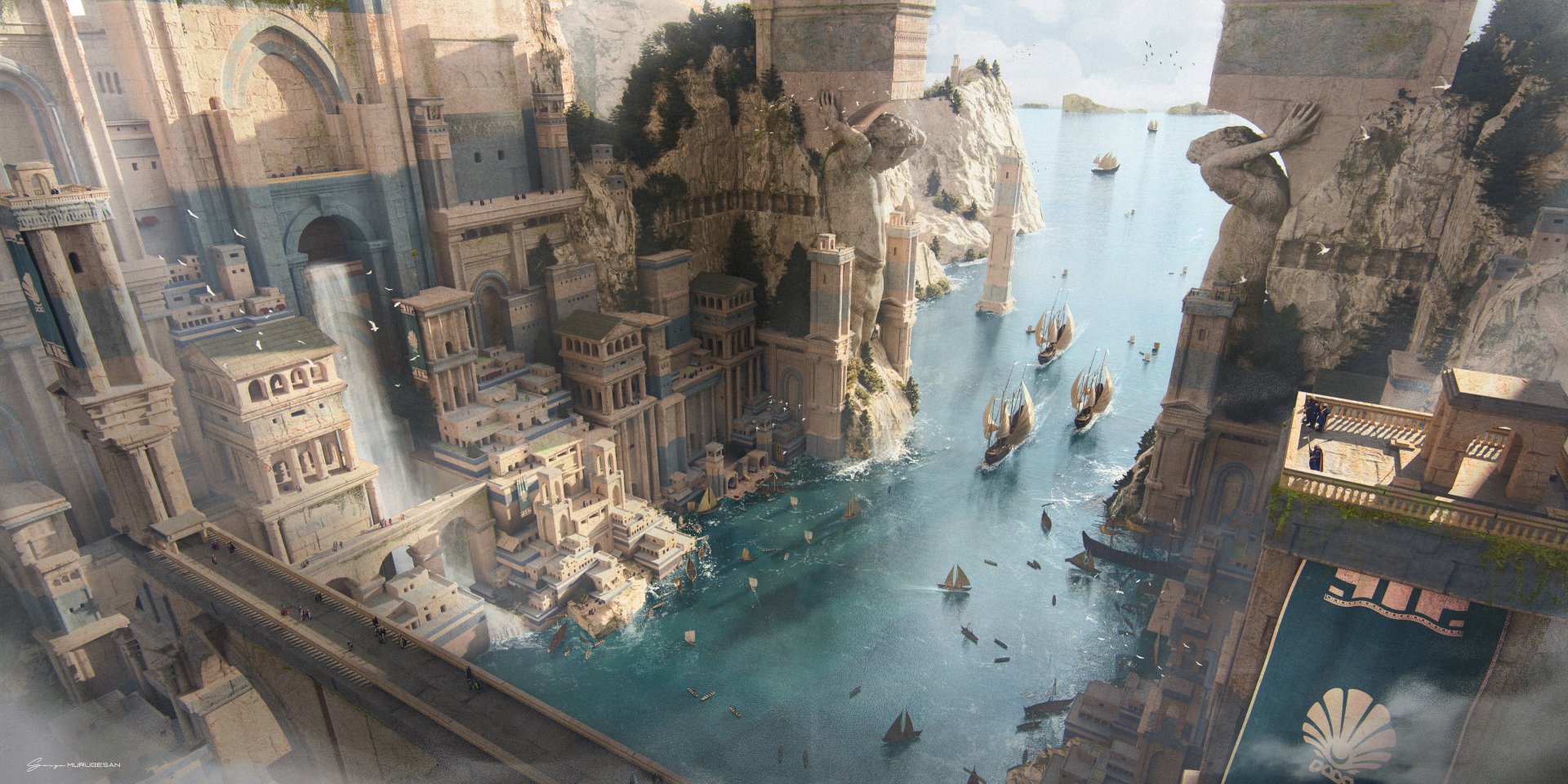 Fantasy cityscape along a sunlit harbor with ancient stone buildings and boats, captured in high-definition for a stunning PC desktop wallpaper background.