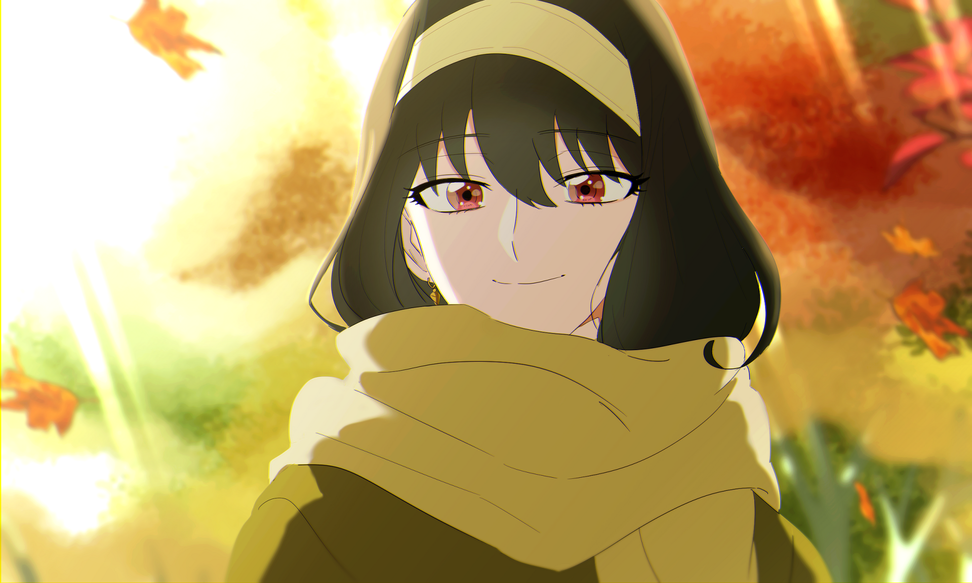 Yor Forger from Spy x Family is depicted in this HD anime desktop wallpaper, wrapped in a cozy scarf with a warm autumn background.