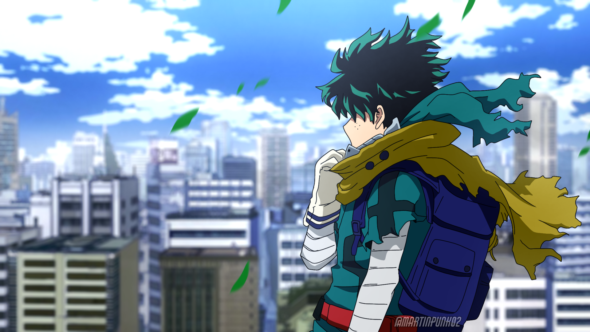 HD PC desktop wallpaper featuring Izuku Midoriya from the anime My Hero Academia, standing contemplatively against a cityscape backdrop with leaves swirling around.