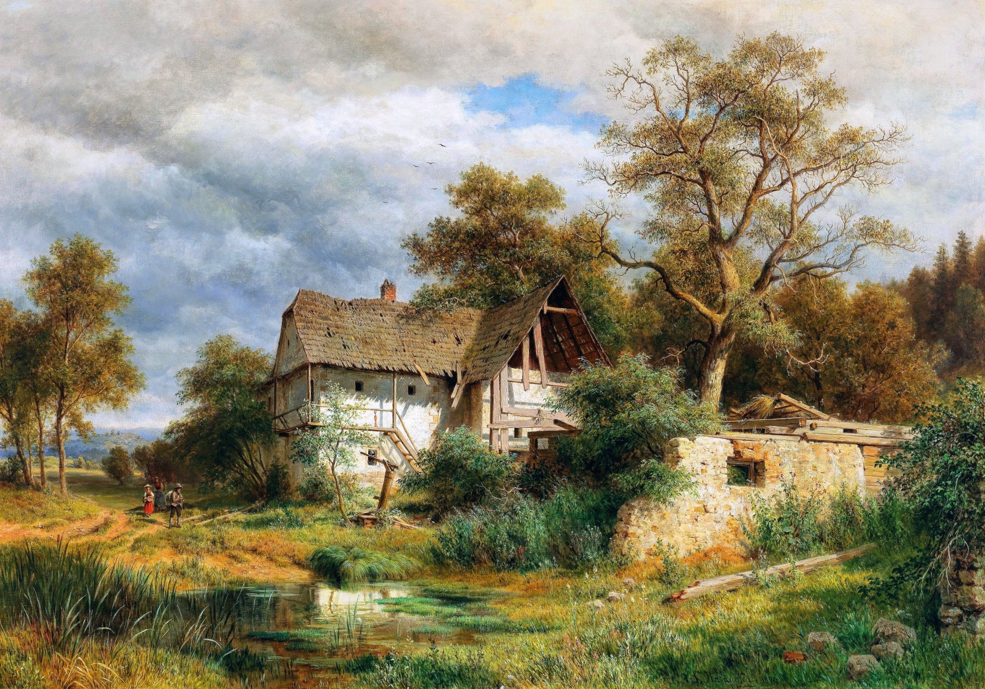 Artistic painting of a rustic countryside house with lush trees and a cloudy sky, rendered in 4K Ultra HD for PC desktop wallpaper and background.