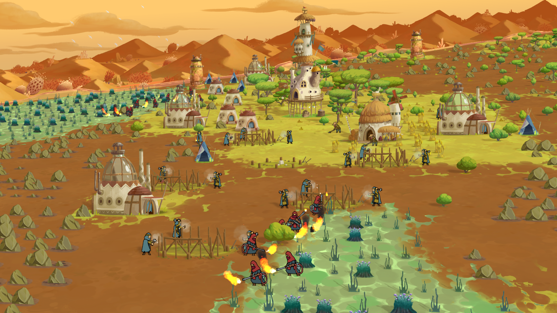 HD desktop wallpaper featuring The Wandering Village game scene with a vibrant village landscape, farms, and fantasy structures under an orange sky.