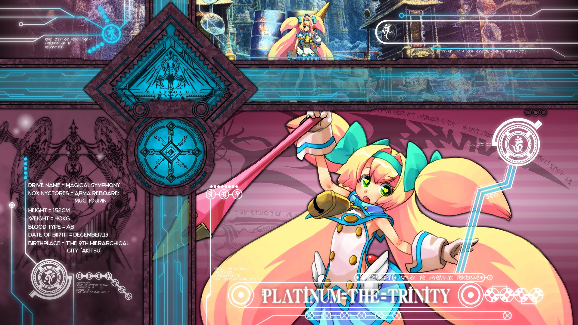 HD PC desktop wallpaper and background from the video game BlazBlue: Continuum Shift showing Platinum the Trinity — a colorful anime heroine with twin-tail blonde hair and staff over a HUD-style backdrop.