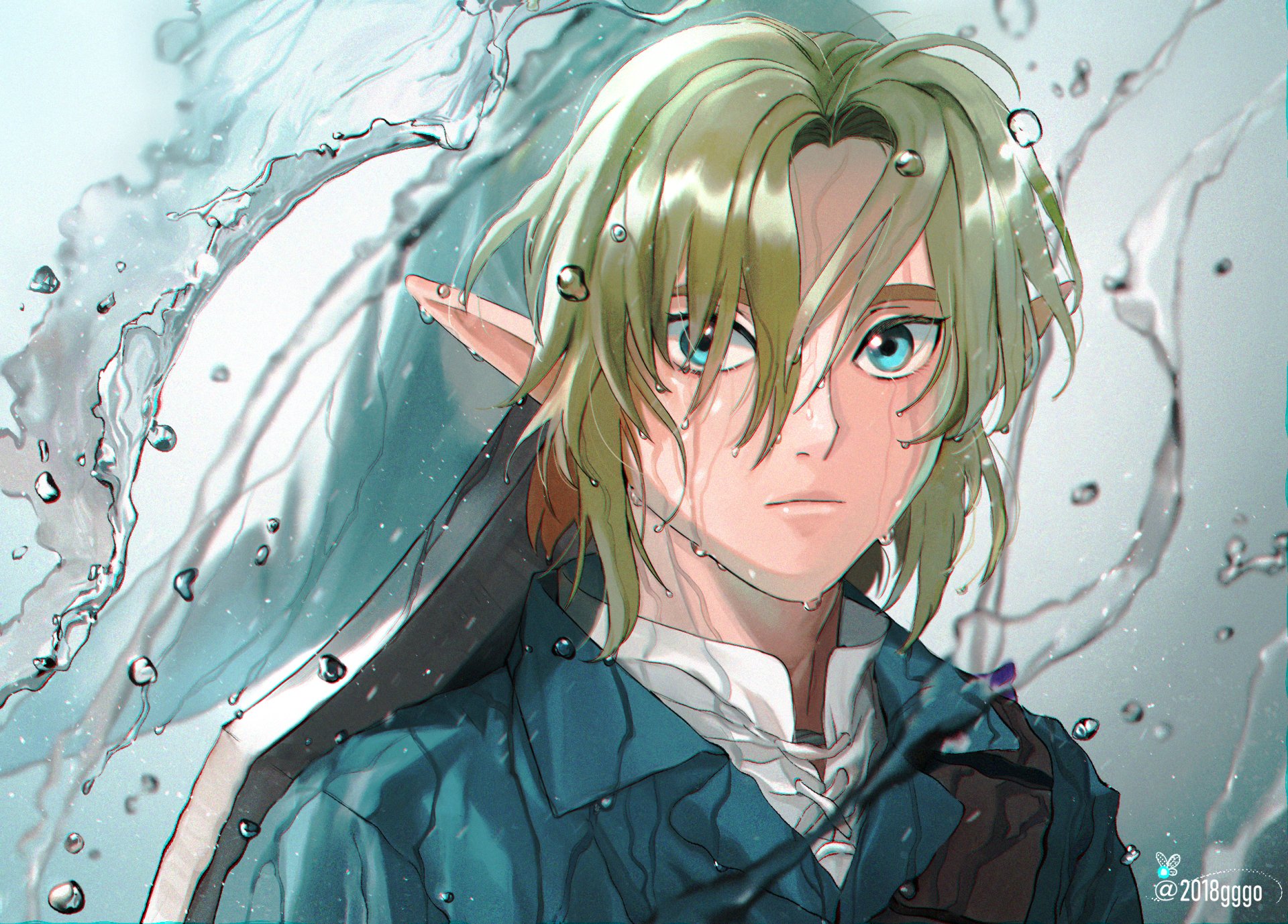 HD PC desktop wallpaper of Link from The Legend of Zelda: Ocarina of Time — close-up stylized portrait with wet hair, cloak, water droplets and intense blue-green eyes.