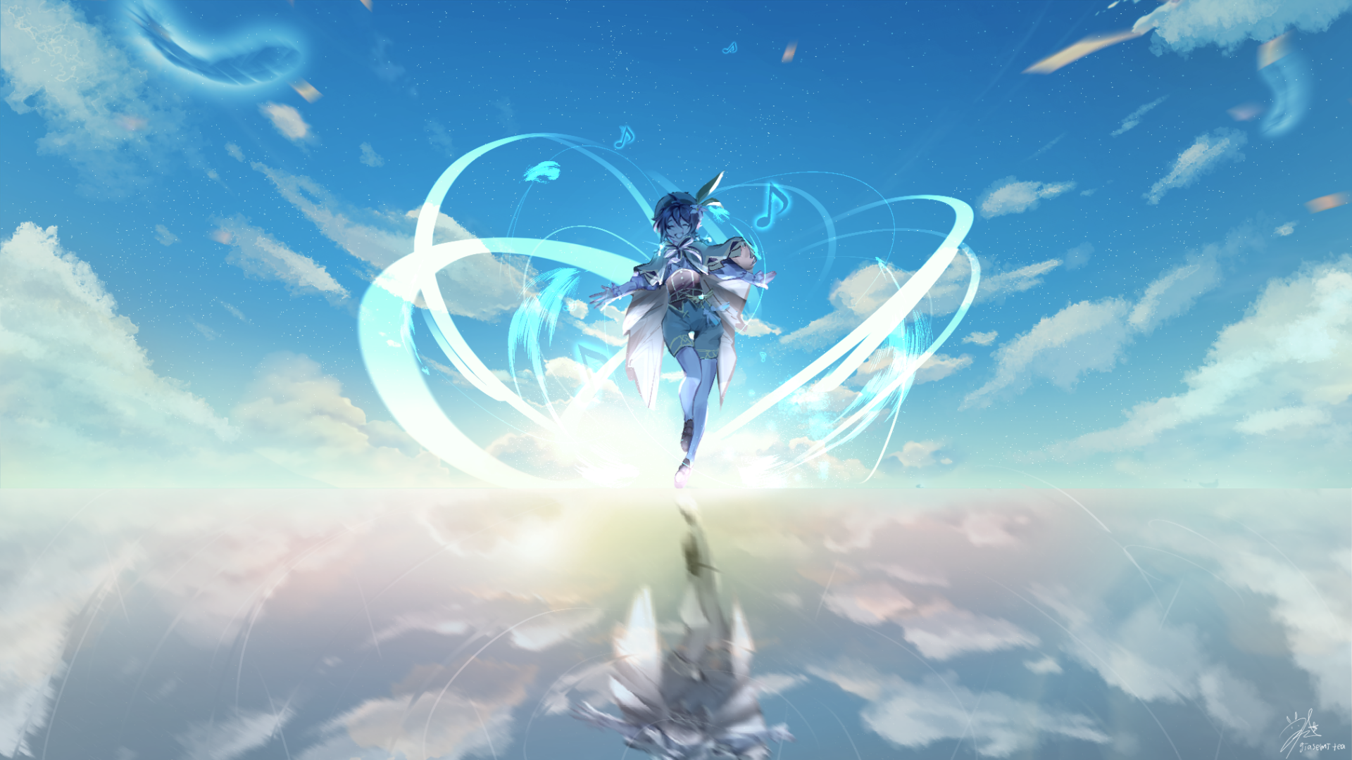 Venti from the video game Genshin Impact floats above mirrored clouds with swirling Anemo ribbons — HD PC desktop wallpaper/background.